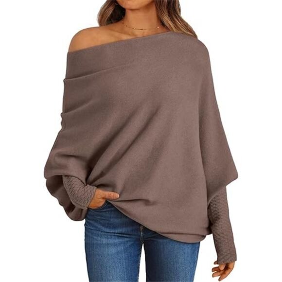 Women's Batwing Oversized Sweater - Off-Shoulder Boat Neck Wrap Tunic - Picture 2 of 7